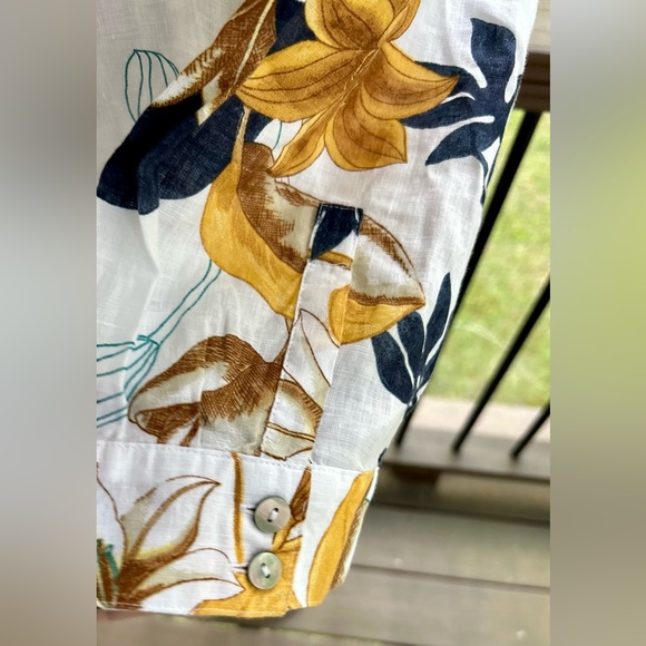 Chico’s No Iron Linen Shirt Size 16 Tropical Garden 3/4 Sleeve Gold NEW - Picture 6 of 14